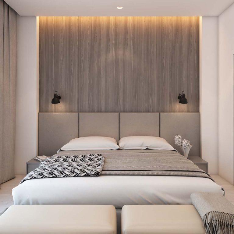 Thiết kế nội thất phòng ngủ master hiện đại với tone màu trắng xám